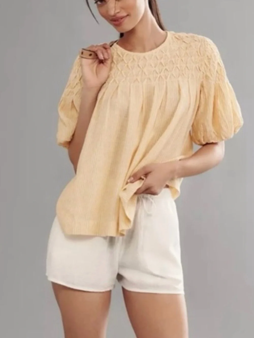 Anthropologie Liza Puff-Sleeve Smocked Linen Top. Cute Yellow Stripe Color Way.